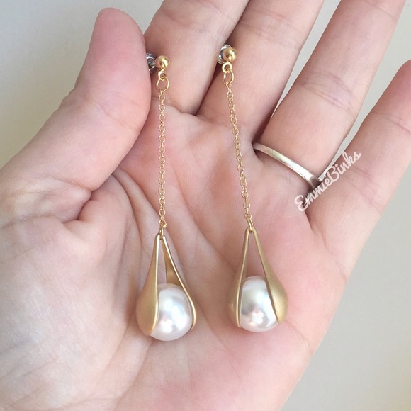 New Art Deco Suspension Pearl Drop Earrings | Faux Pearl Drop Dangle Earrings - Picture 3 of 16